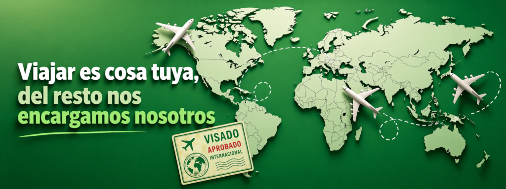 Gestión de visados internacionales con mapa mundi y aviones - Visado Travel
